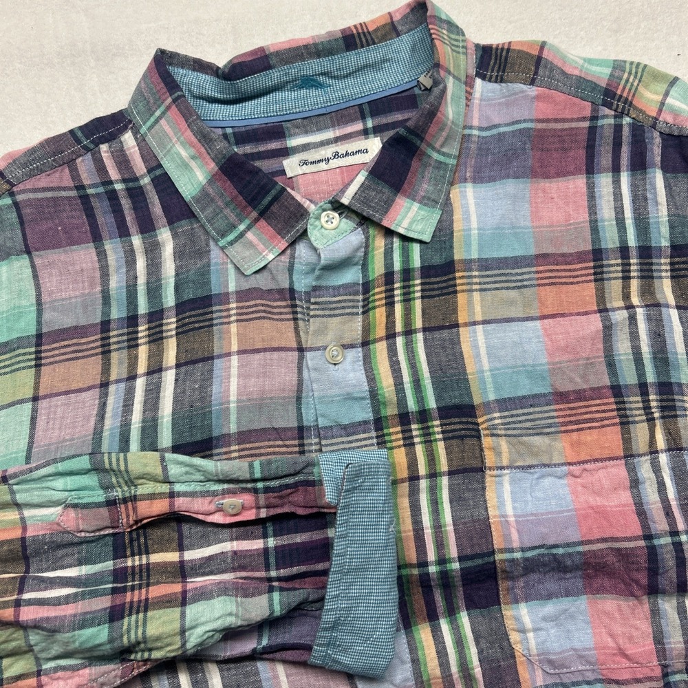 Men's Tommy Bahama‎ Polynesian Plaid Multicolor Linen Button Up Shirt•Size XXL